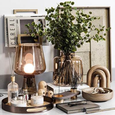 现代摆设组合 玻璃花瓶 水生植物 玻璃台灯 蜡烛